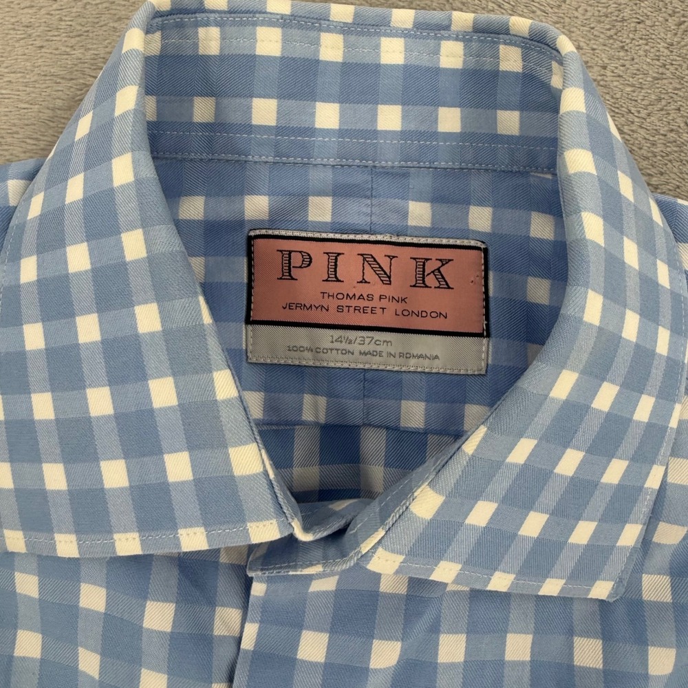 Thomas Pink Gingham Cotton Button Down Shirt Mens Small 14.5 US Blue White - Picture 12 of 14